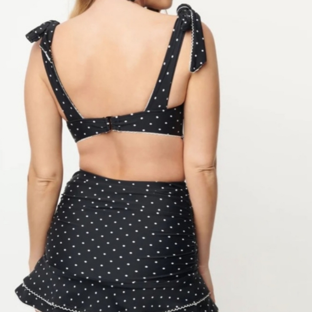 Unique Vintage Black & White Pin Print Totally Tied Up Top & Alice Swim Skirt L - Picture 2 of 11